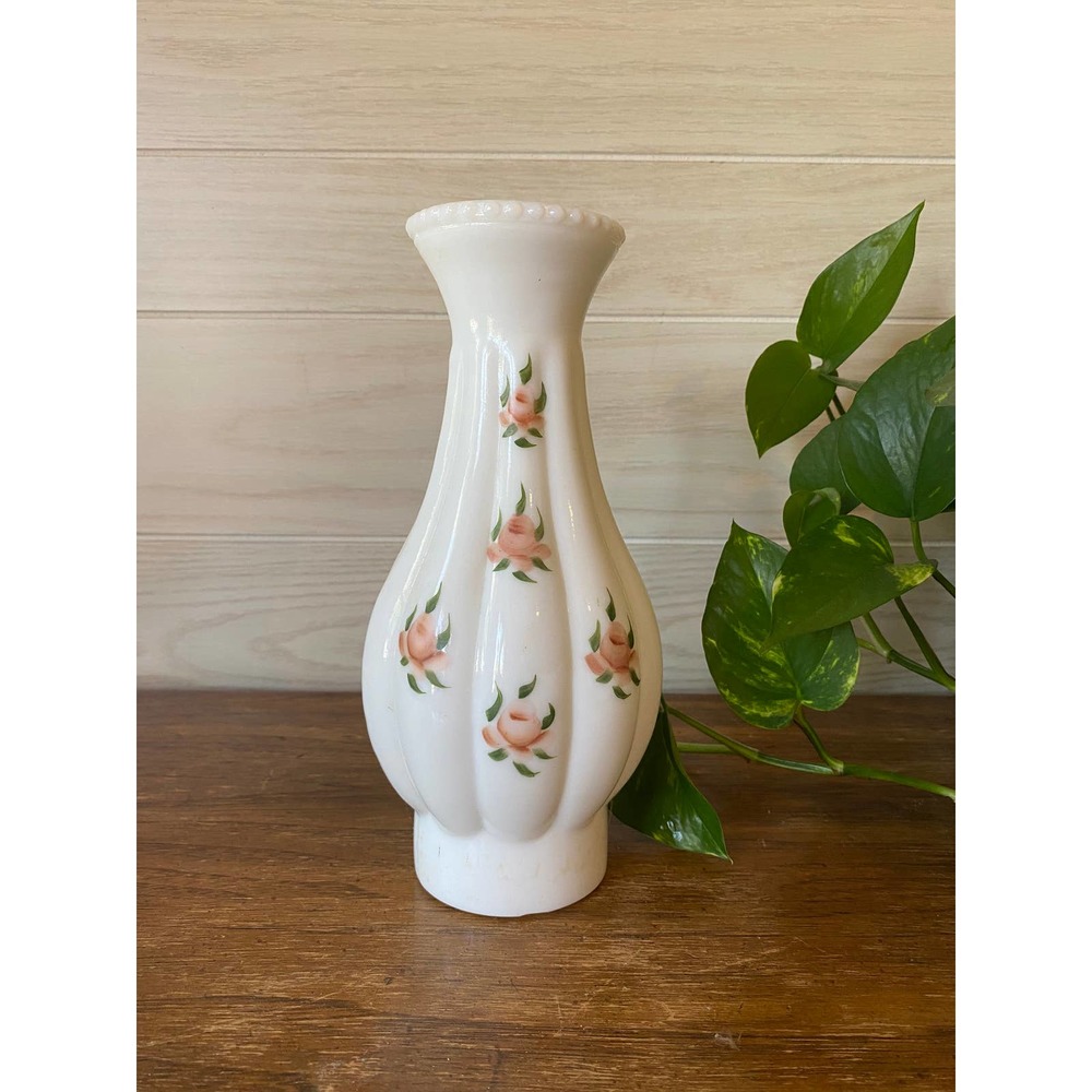 Floral Milk Glass Melon Hurricane Lamp Replacement Shade - Hand Painted Roses
